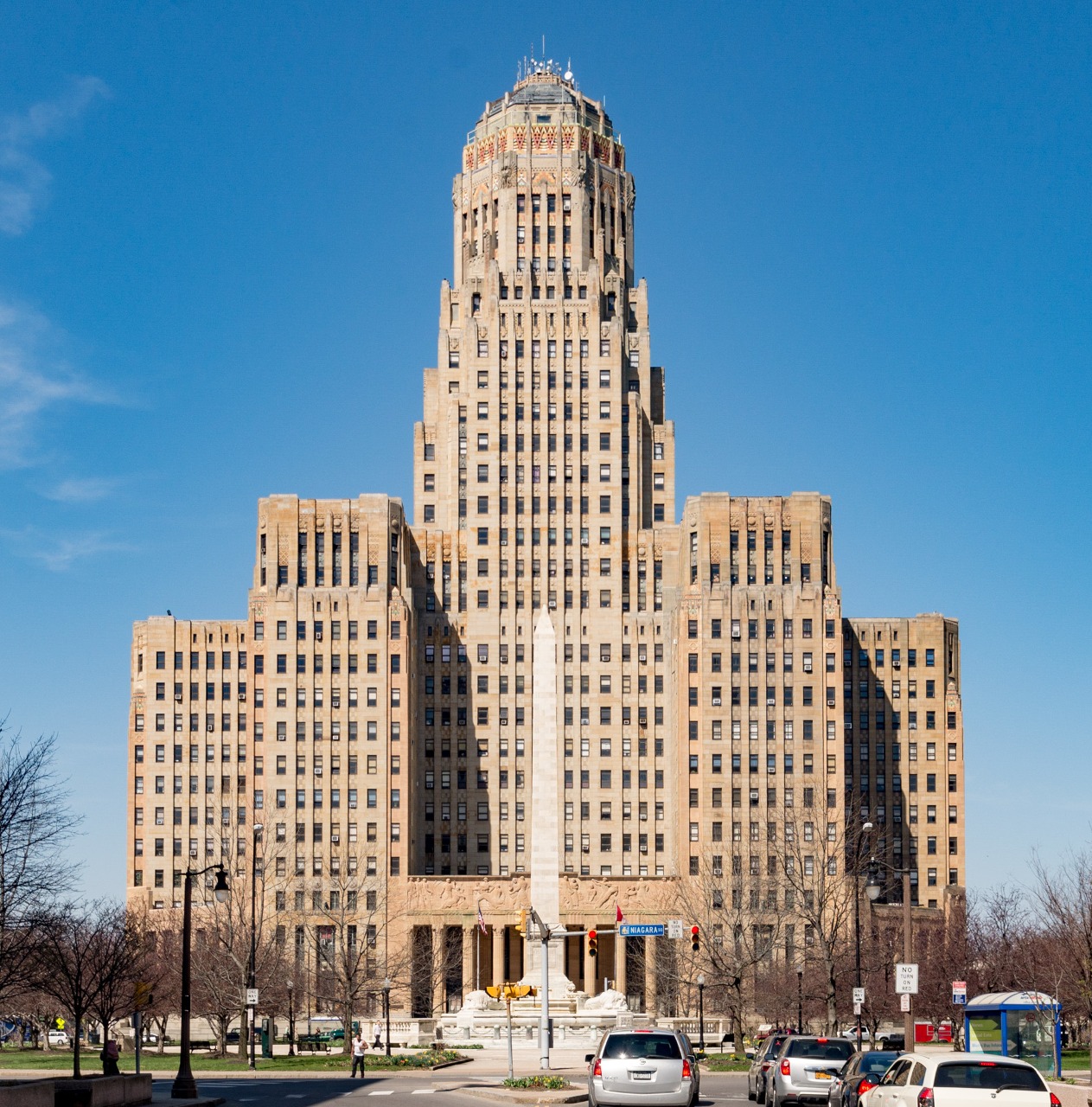 A view of Buffalo City Hall from Niagara Square, Buffalo, NY. The McKinley Monument is visible in the foreground.