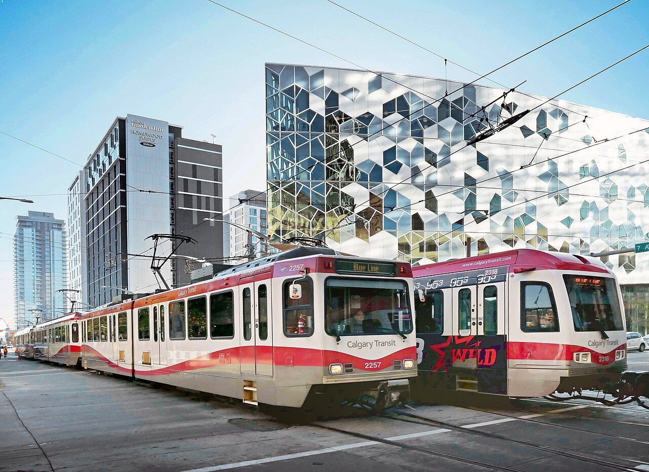 A CTrain vehicle in central Calgary in 2019, illustrating the rail system; the photograph is not a view of the West LRT construction project