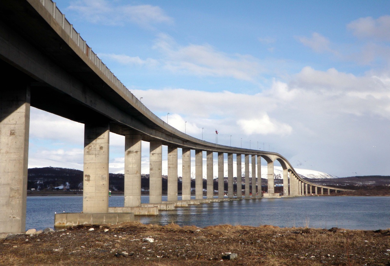Sandnessund Bridge in Tromsø, Troms, Norway. View from the southern side of the bridge on the Kvaløya side.