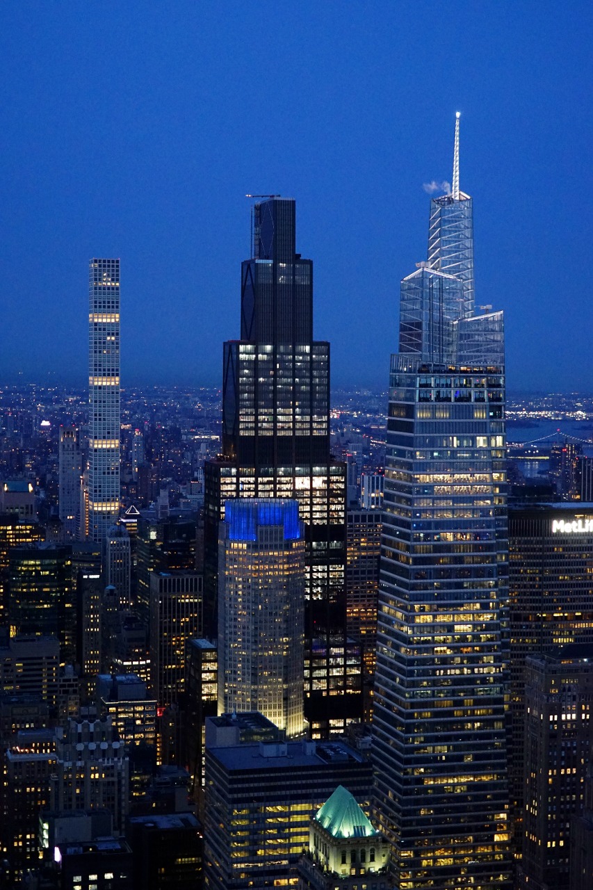 View of 270 Park Avenue between 432 Park Avenue and One Vanderbilt from the 86th floor of the Empire State Building after dusk on March 14, 2025.