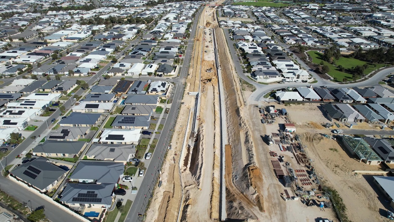 Yanchep Rail Extension drone shot in Alkimos, Western Australia, August 2023. Just south of Howden Road.