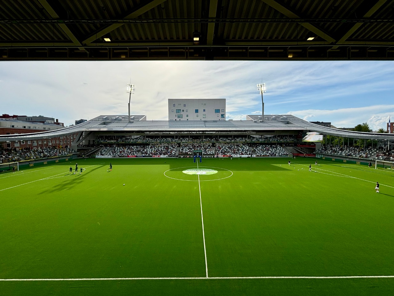 A view from the upper tier of the east stand (E4) of the Tammela football stadium in Tampere, Finland, in May 2024 before a Veikkausliiga match between Ilves and KuPS.