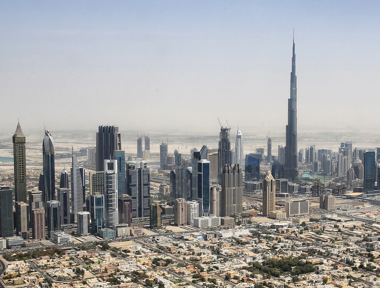 Skyline of Downtown Dubai with Burj Khalifa from a Helicopter (crop of File:Dubai skyline 2015.jpg)