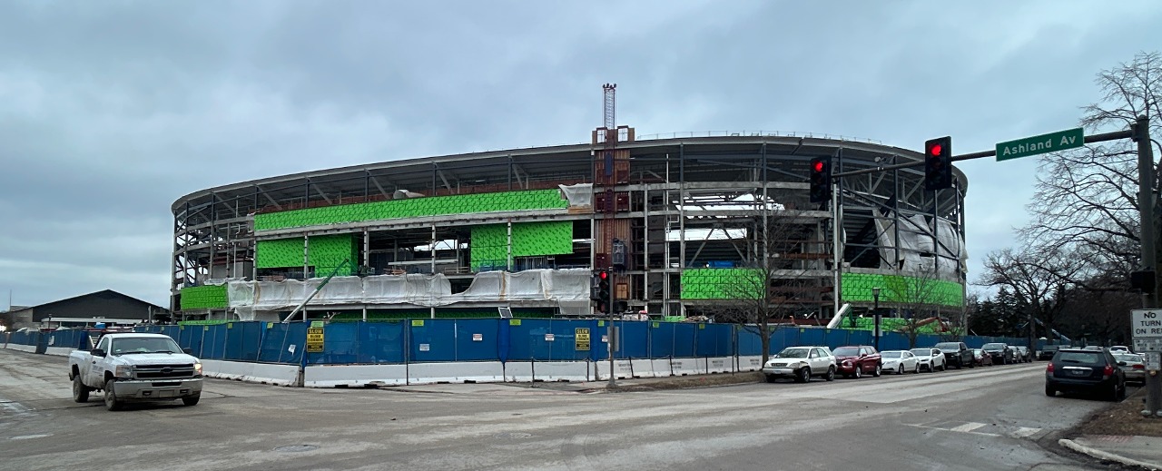 New Ryan Field under construction in Evanston, from the corner of Central and Ashland.