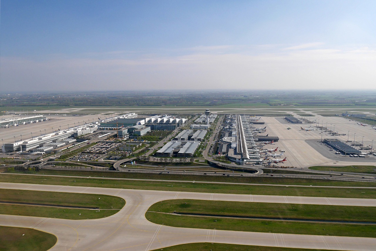 Aerial view of Munich Airport with Terminal 1, Terminal 2 and Munich Airport Center
