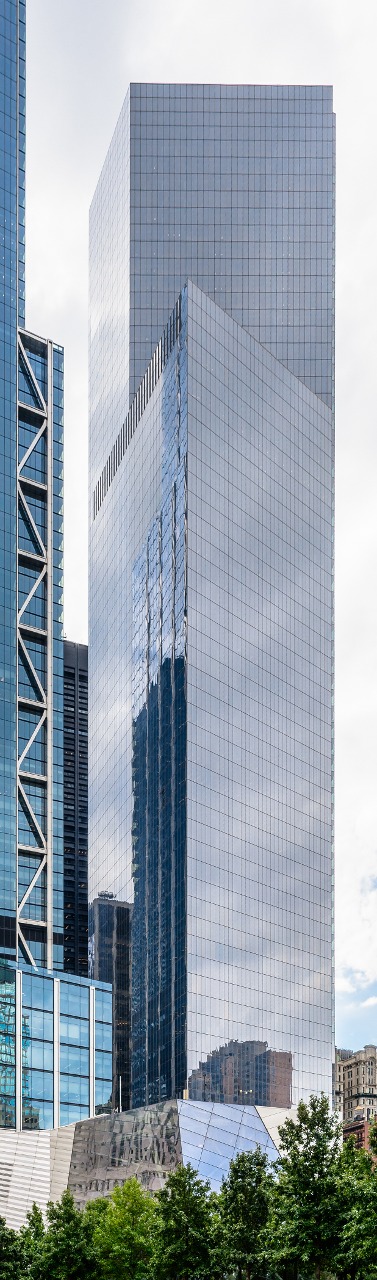 3 World Trade Center (left) and 4 World Trade Center (right) from the 9/11 Memorial Pool (lower center), Manhattan, New York, USA