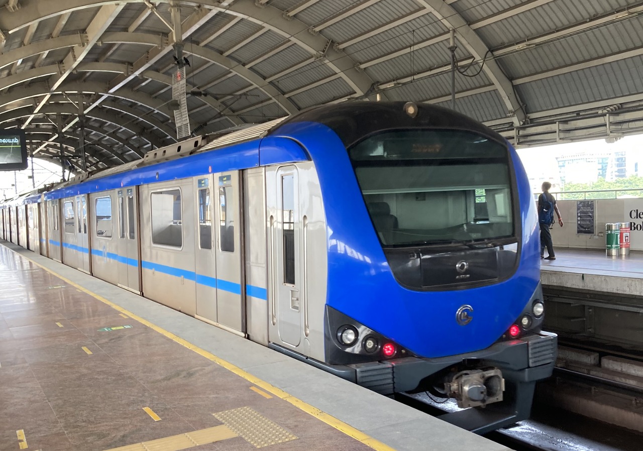 An Alstom Metropolis train-set at Guindy Metro station in Chennai.