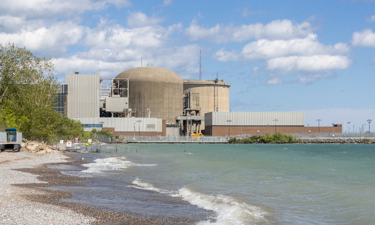 View of the Pickering Nuclear Generating Station at the shore of Lake Ontario at Beachfront Park in Pickering, ON