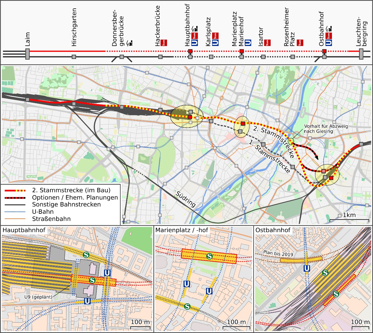 Karte der geplanten Zweiten Stammstrecke der Münchner S-Bahn