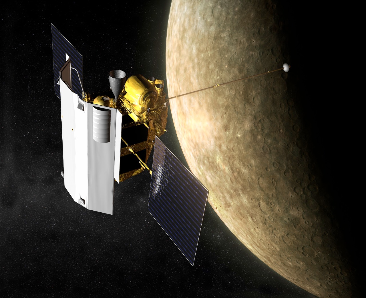 Artist depiction of the MESSENGER spacecraft in orbit around Mercury.