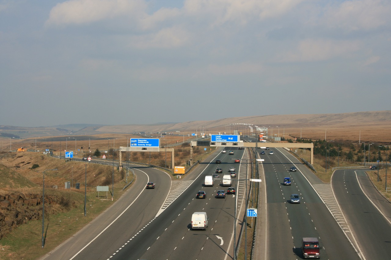 View looking east at M62_motorway J22 towards Scammonden Bridge.