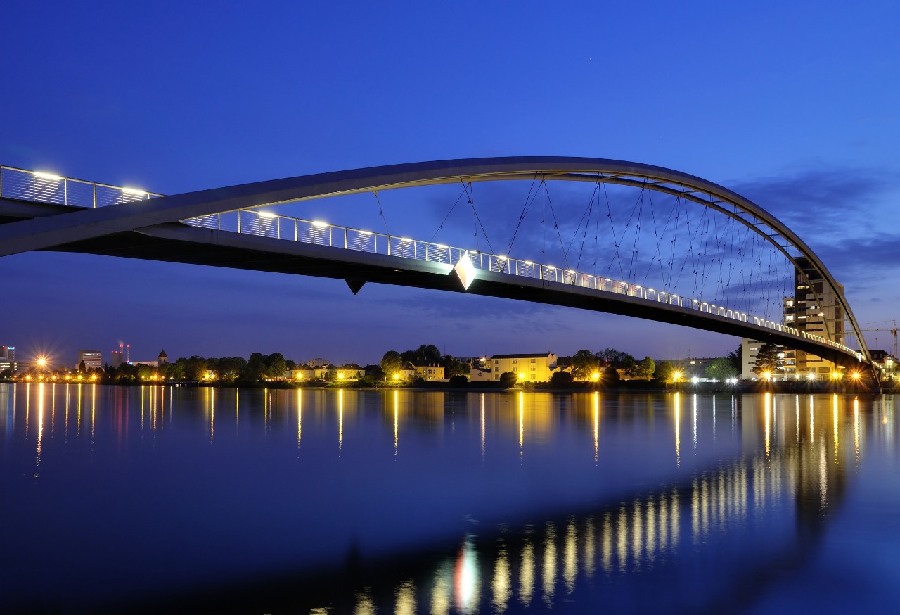 The Three Country Bridge at night in Huningue (France) and Weil am Rhein (Germany) next to the Tripoint near Basel (Switzerland).