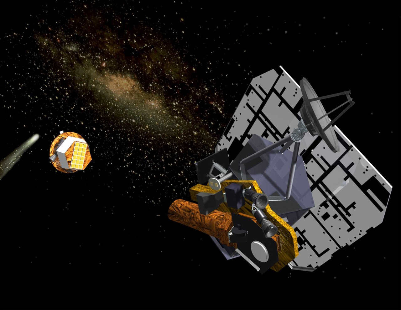 Computer rendering of the Deep Impact space probe after separation of the impactor.