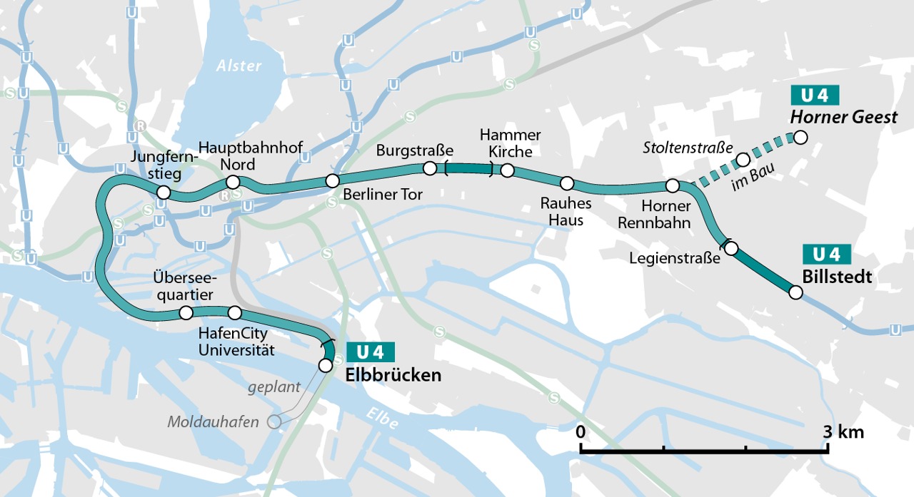 Topografischer Linienplan der U4 der U-Bahn Hamburg