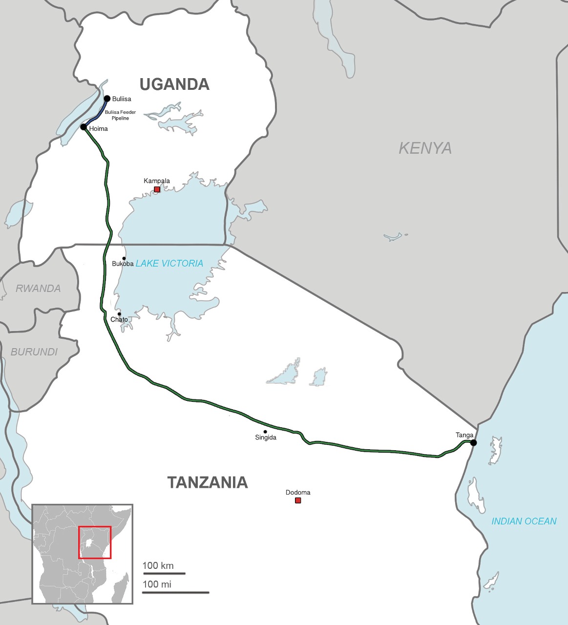 Proposed route of 1,410km Hoima-Tanga Oil Pipeline