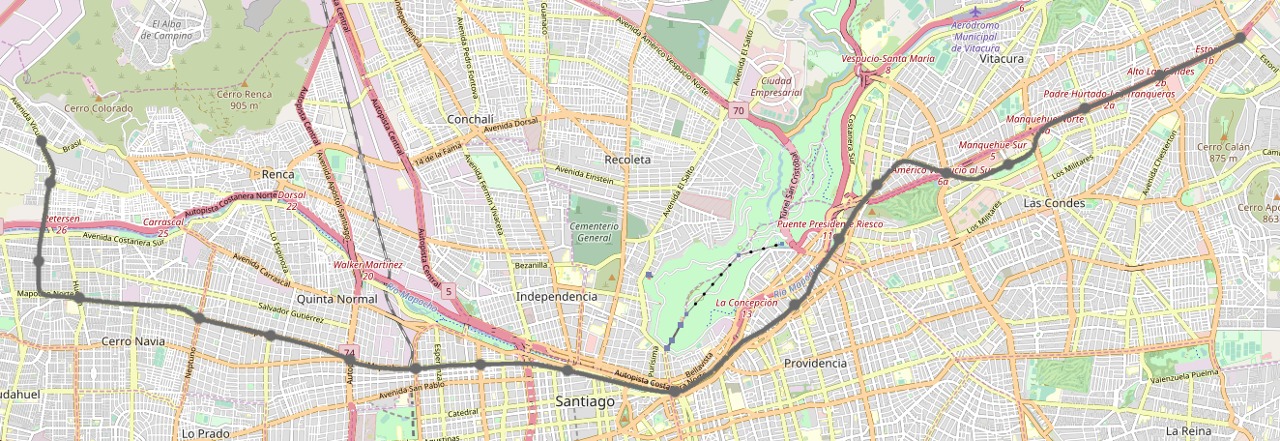 Mapa con el recorrido de la Línea 7 del Metro de Santiago