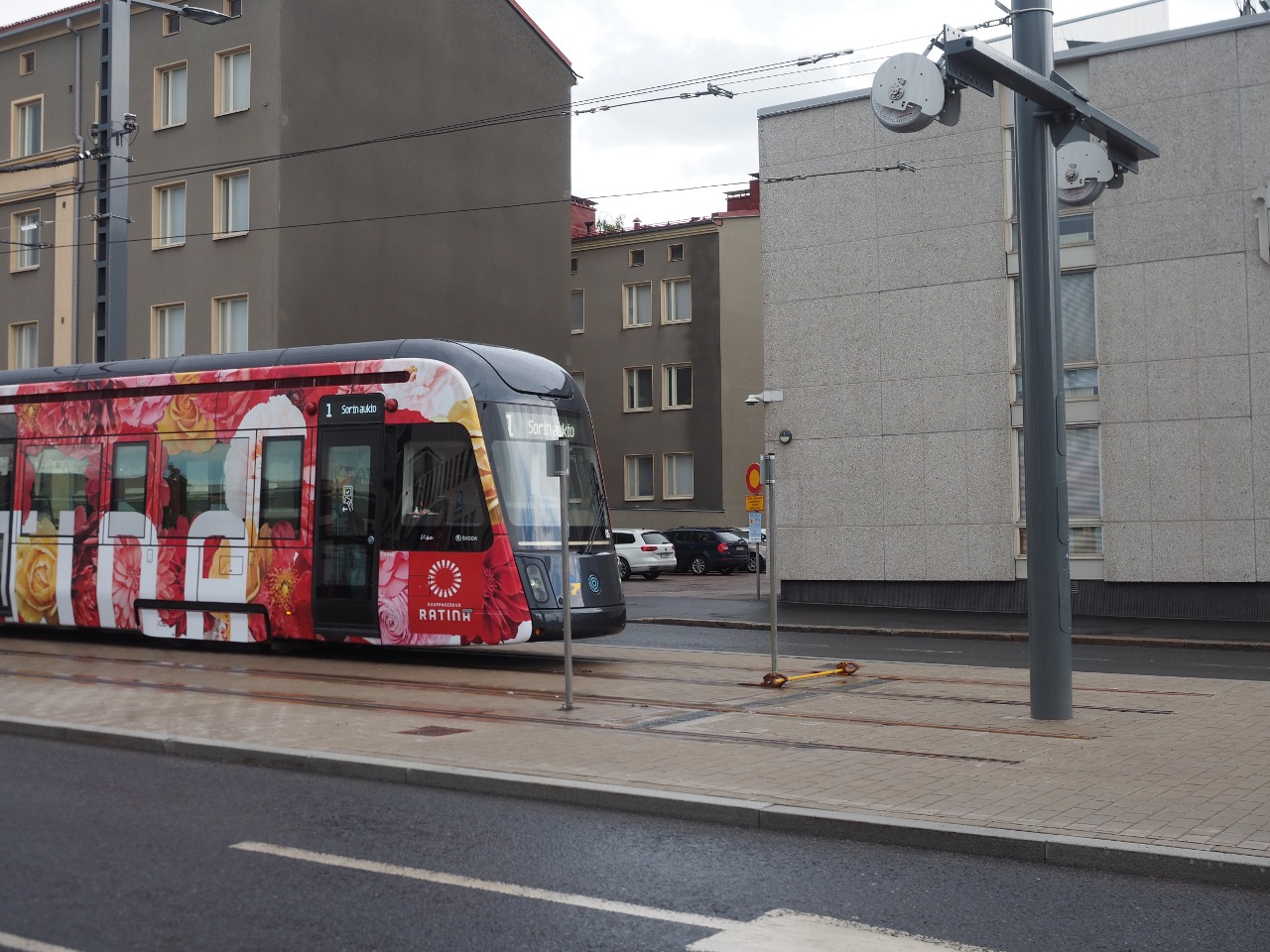 A Tampere tram vehicle at the end of the tram track at Sorin aukio in Tampere, Finland. The tram has to switch direction to continue travelling.