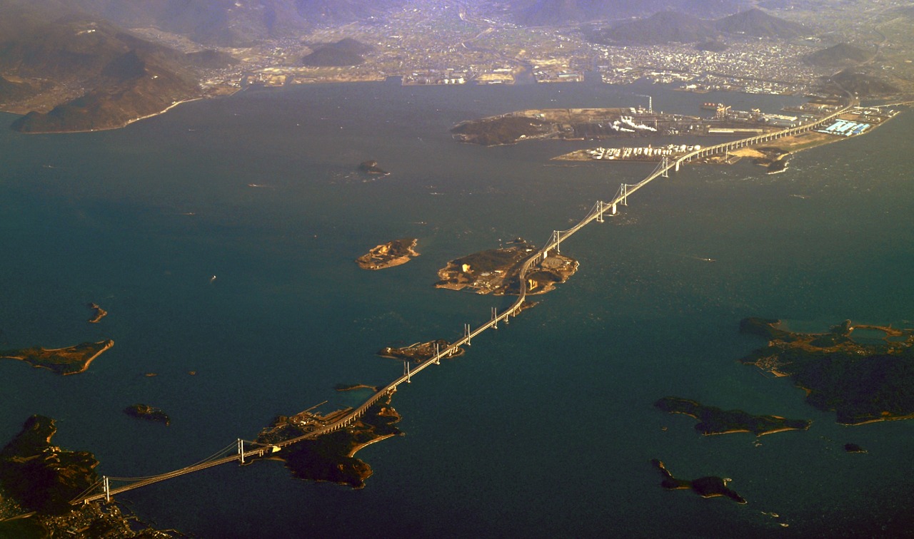Aerial view of Great Seto Bridge linking Honshū and Shikoku islands in Japan