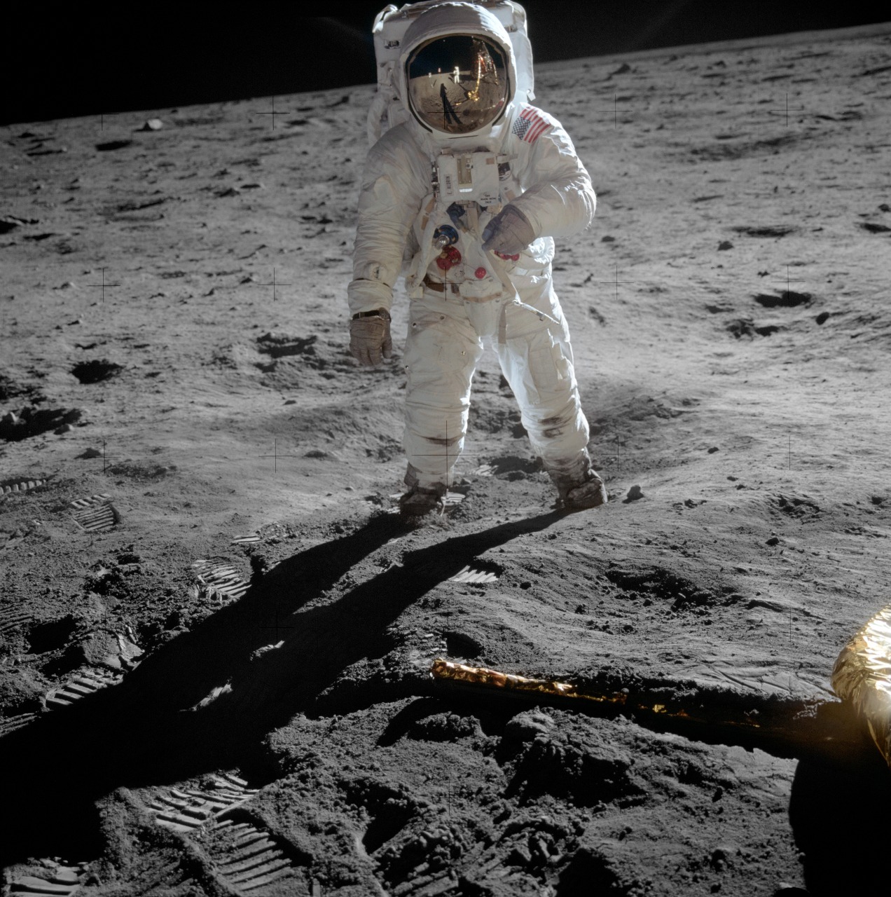 Short description: Astronaut Buzz Aldrin on the moon Full description: Astronaut Buzz Aldrin, lunar module pilot, stands on the surface of the moon near the leg of the lunar module, Eagle, during the Apollo 11 moonwalk. Astronaut Neil Armstrong, mission commander, took this photograph with a 70mm lunar surface camera. While Armstrong and Aldrin descended in the lunar module to explore the Sea of Tranquility, astronaut Michael Collins, command module pilot, remained in lunar orbit with the Comman