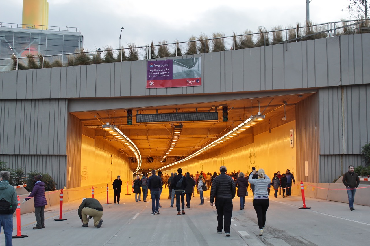 The north portal of the State Route 99 Tunnel in Seattle, seen from the southbound lanes on opening day, February 2, 2019.