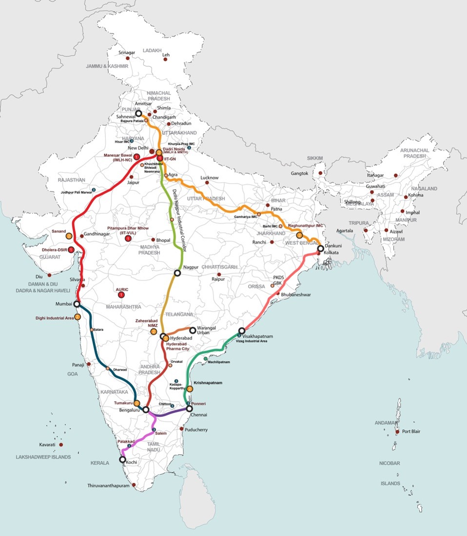 11 Industrial Corridor Map of India which comes under the National Industrial Corridor Development Programme
