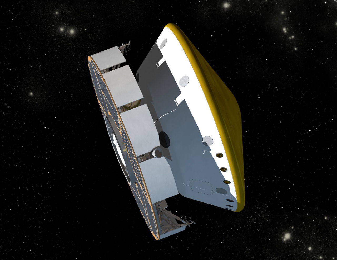 This is an artist's concept of NASA's Mars Science Laboratory spacecraft during its cruise phase between launch and final approach to Mars. The spacecraft includes a disc-shaped cruise stage (on the left) attached to the aeroshell. The spacecraft's rover (Curiosity) and descent stage are tucked inside the aeroshell.