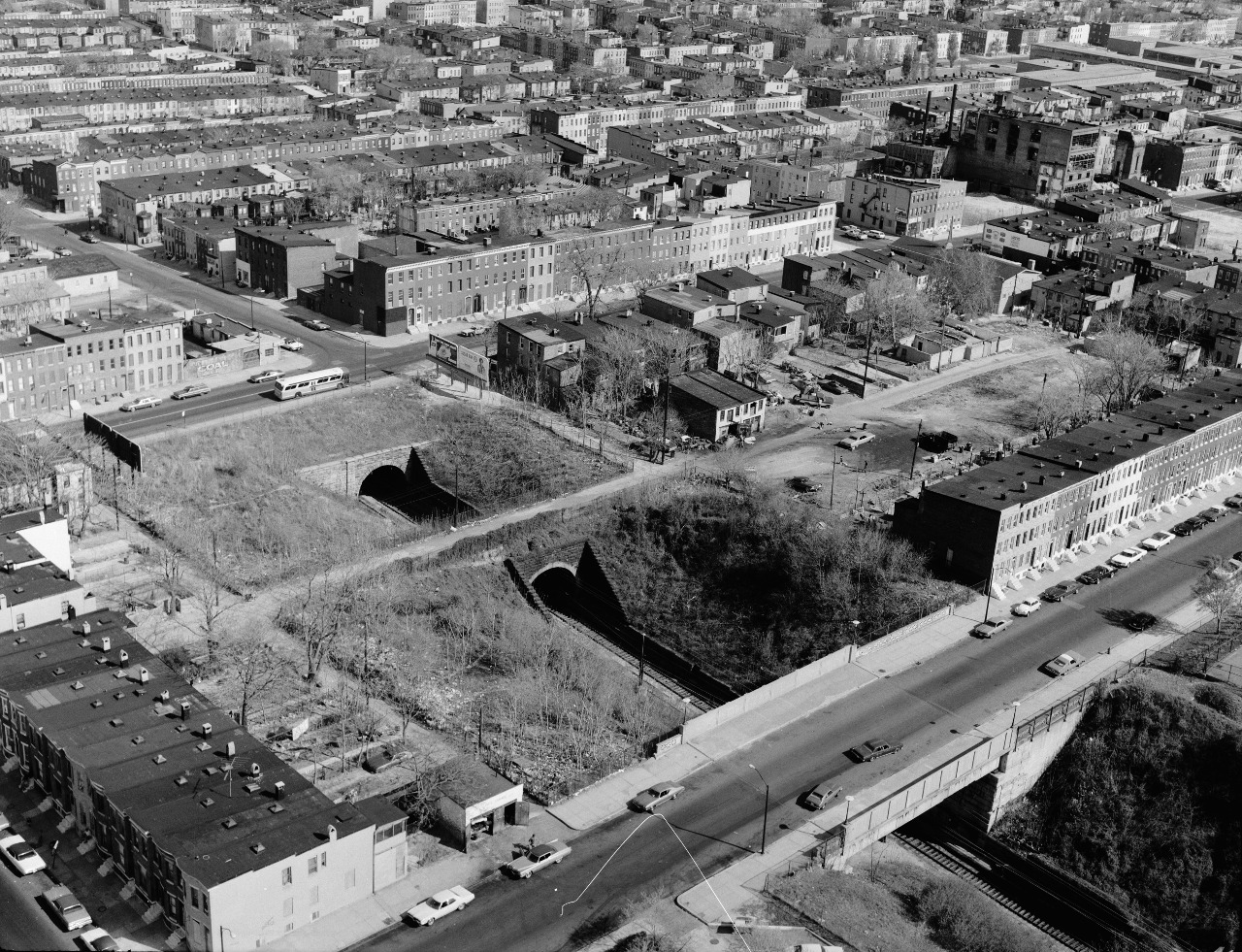 Aerial view of west portal of Baltimore and Potomac Tunnel, Baltimore, Maryland