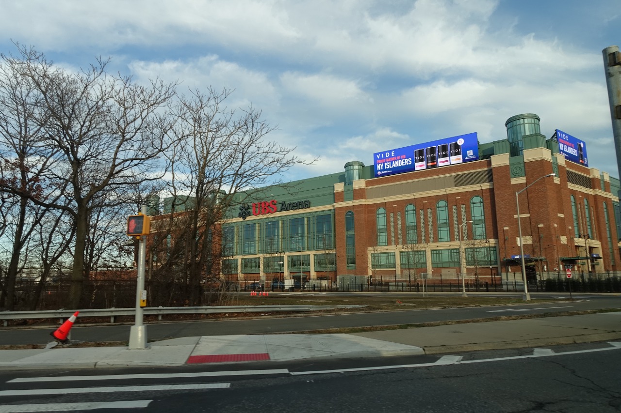 Looking at the new UBS Arena within Belmont Park, on Hempstead Turnpike at the Cross Island Parkway in Elmont, Nassau County, New York. The arena was opened in November 2021, just over two years after groundbreaking, on what was previously a Belmont Park parking lot.