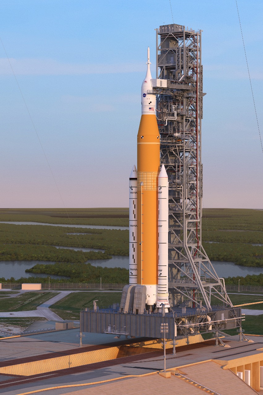 Artist's rendering of the Space Launch System Block 1 sitting on Launch Pad 39A with the Orion spacecraft at sunrise.