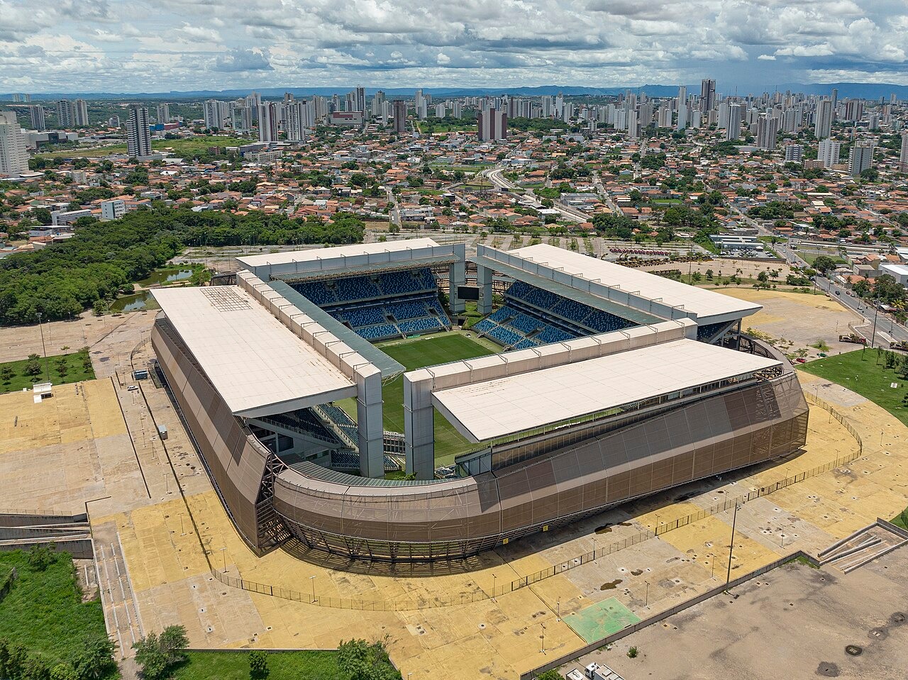 Aerial view of Arena Pantanal in Cuiabá, photographed on 17 February 2022.