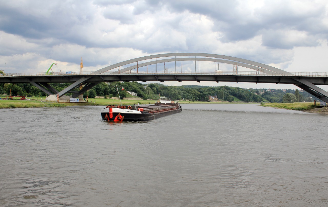 View on bridge Waldschlösschen Bridge with boat Poseidon from boat on Elbe river near of Dresden town in Germany