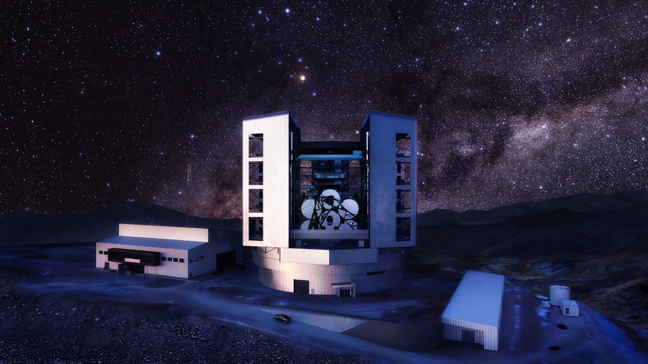 A rendering of the exterior of the Giant Magellan Telescope at Las Campanas Observatory in Chile.