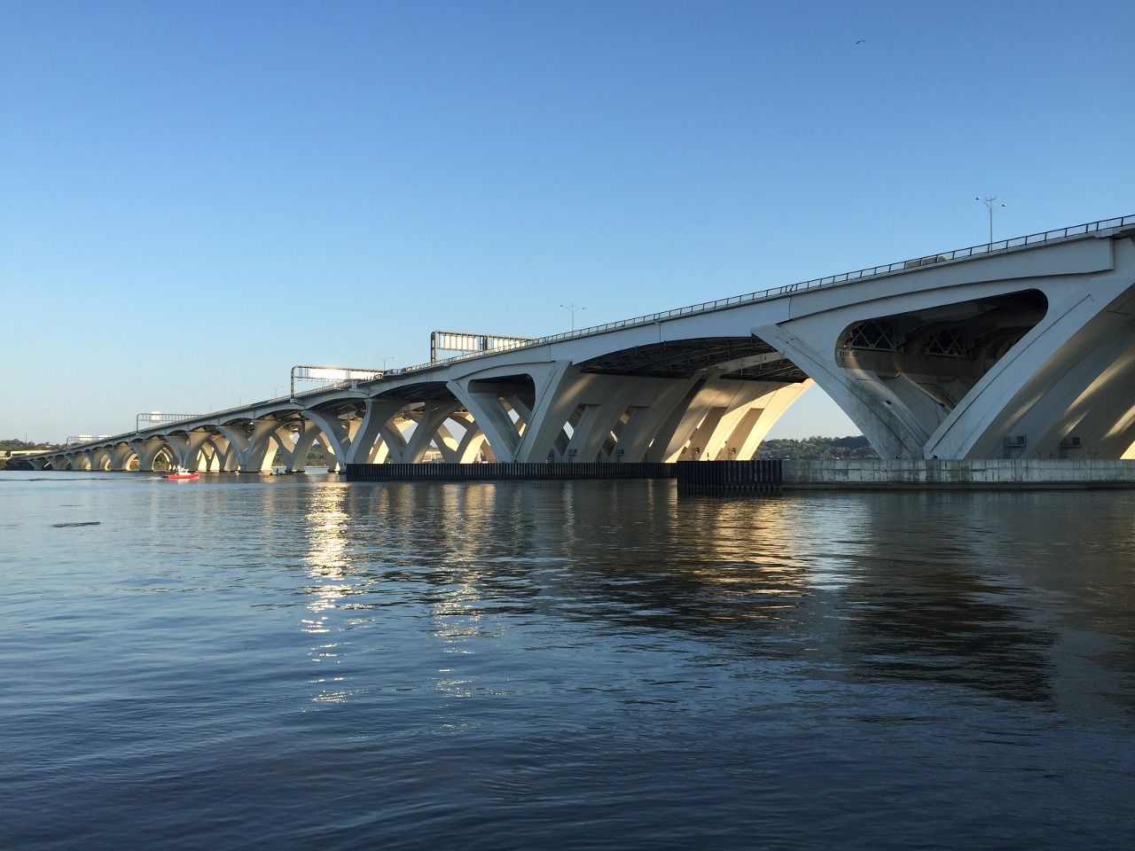 View southwest across the Potomac River towards Interstate 95 and Interstate 495 (Woodrow Wilson Memorial Bridge) from Jones Point Park in Alexandria, Virginia