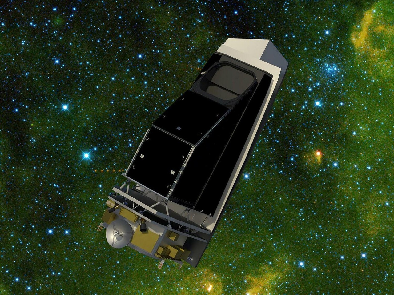In this illustration showing NEO Surveyor, NASA's next-generation near-Earth object hunter, the spacecraft floats in an infrared starfield containing stars, star clusters, gas, and dust. More than 100 asteroids can be seen as red dots, with some of them visible in a track that shows how they were captured at different times as they marched across the sky. This starfield was observed by NASA's Wide-field Infrared Survey Explorer, or WISE, during its primary all-sky survey in March 2010 before it 
