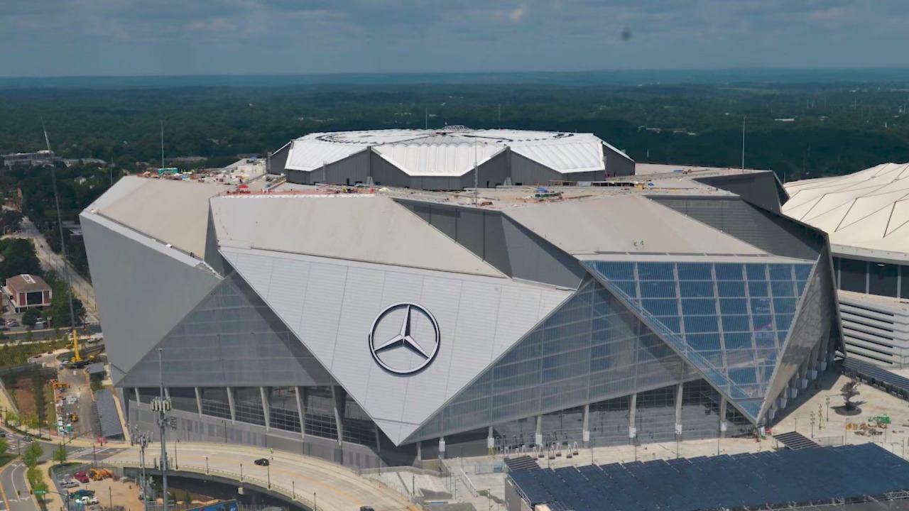 Capture from a time lapse video of Mercedes Benz Stadium in Atlanta, Georgia.
