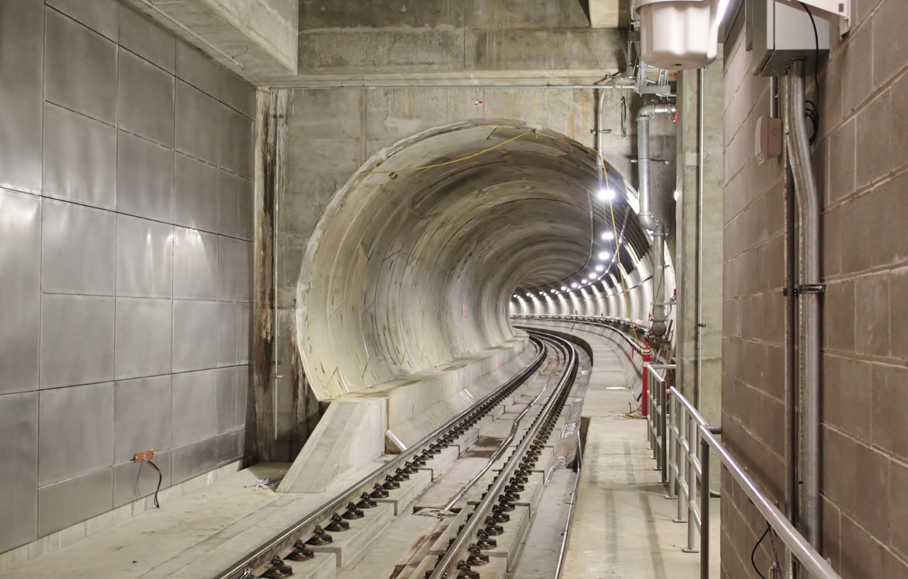 One of the tunnels carrying the Northgate Link tunnel, a Link light rail tunnel in Seattle, Washington, seen from Roosevelt station before opening.