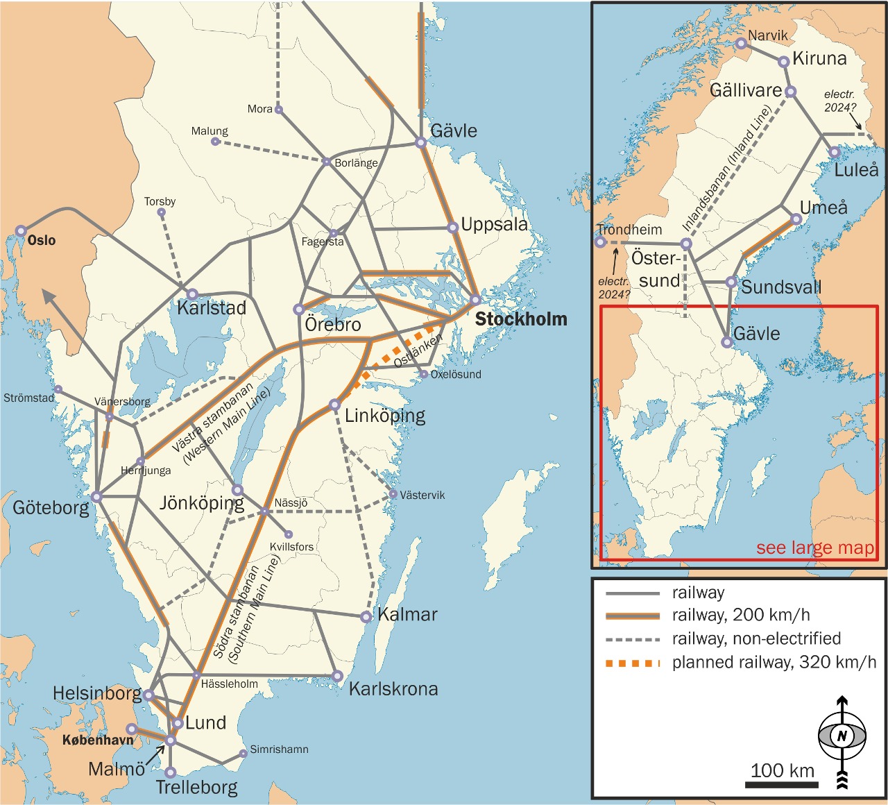 Map of railways in Sweden. Sources used: Boris Chomenko's drawing This other map Overview of important lines Overview of lines where 200 km/h is in use Locations of Swedish cities Source for the background image (slightly modified).