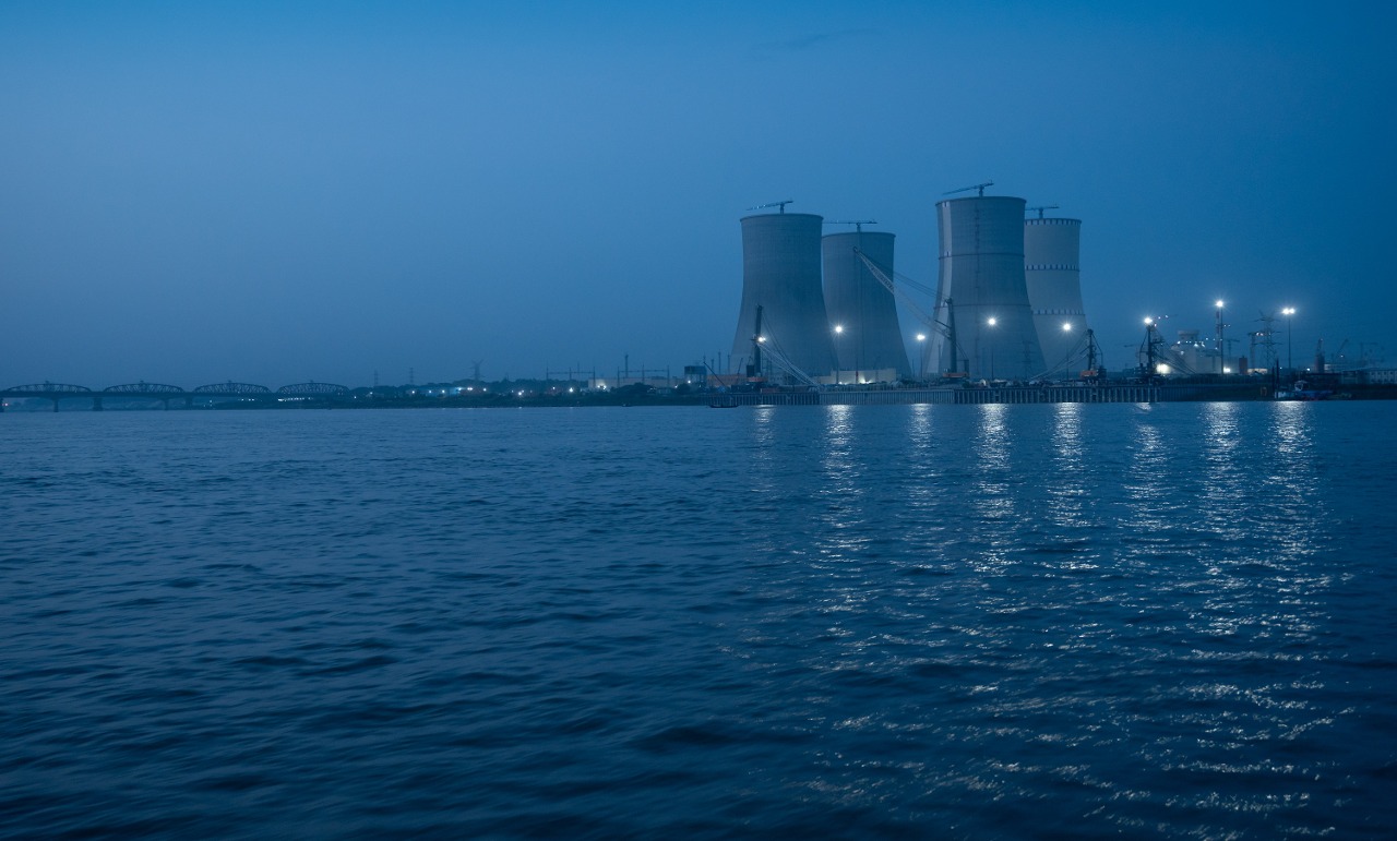 View of Rooppur Nuclear Power Plant (right) and Hardinge Bridge (left) from Padma river, Ishwardi, 2023