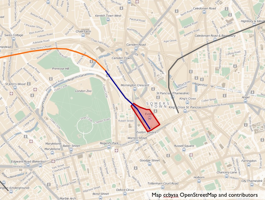 Proposed layout of High Speed 2 terminus at Euston Station and also the terminus for High Speed 1 at St Pancras Station