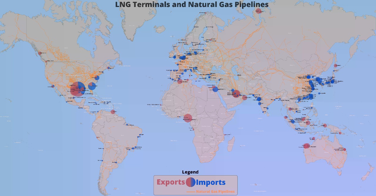 Natural gas pipelines and LNG terminals around the world.