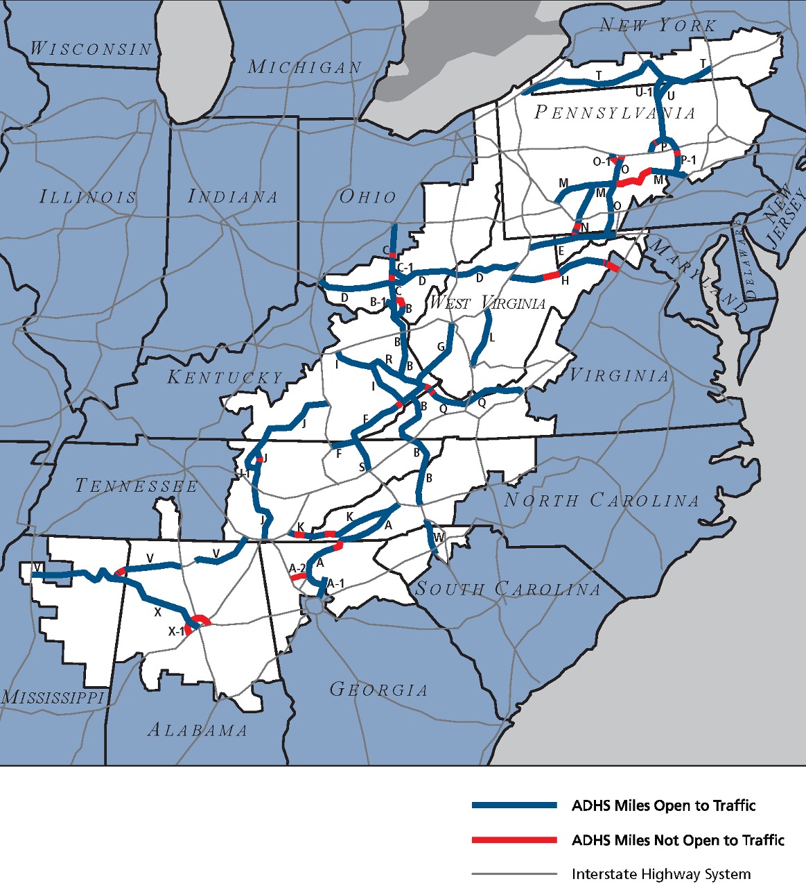 Map of the Appalachian Development Highway System as of February 25, 2018. As the original map is labeled "Source: Appalachian Regional Commission", and the ARC is an agency of the U.S. Federal Government, this is public domain.