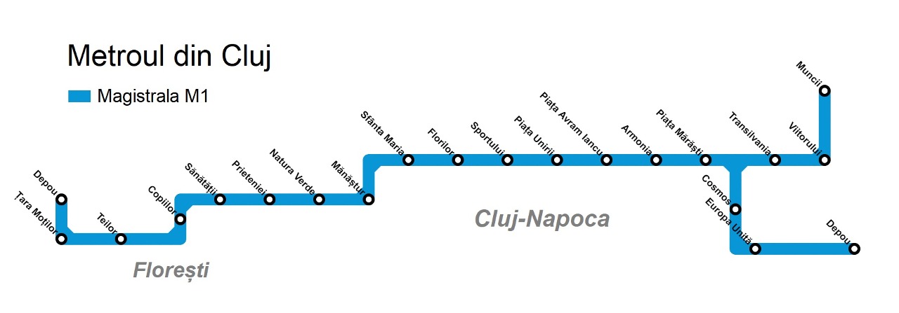 Proposed line and stations of the Cluj Metro System Created using metromapmaker.com
