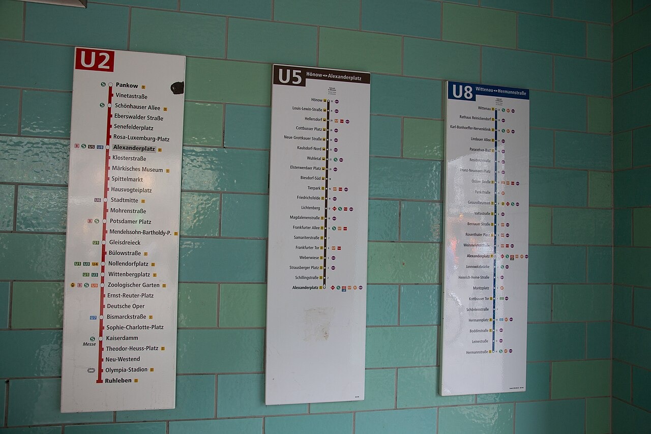 U-Bahn subway train route maps at Alexanderplatz Station in Berlin, Germany.
